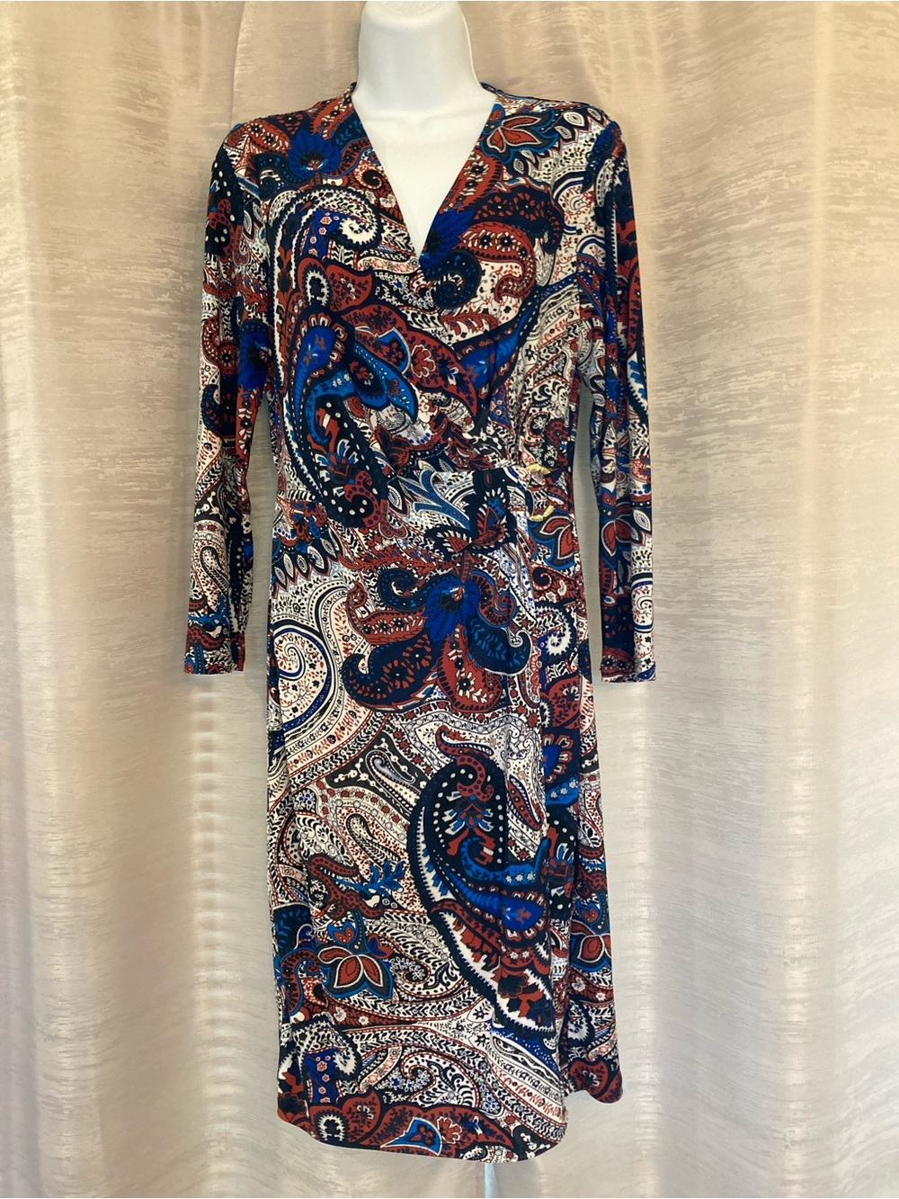 Kasper Paisley Faux Wrap Long Sleeve Dress - Blue, Rust and White Small